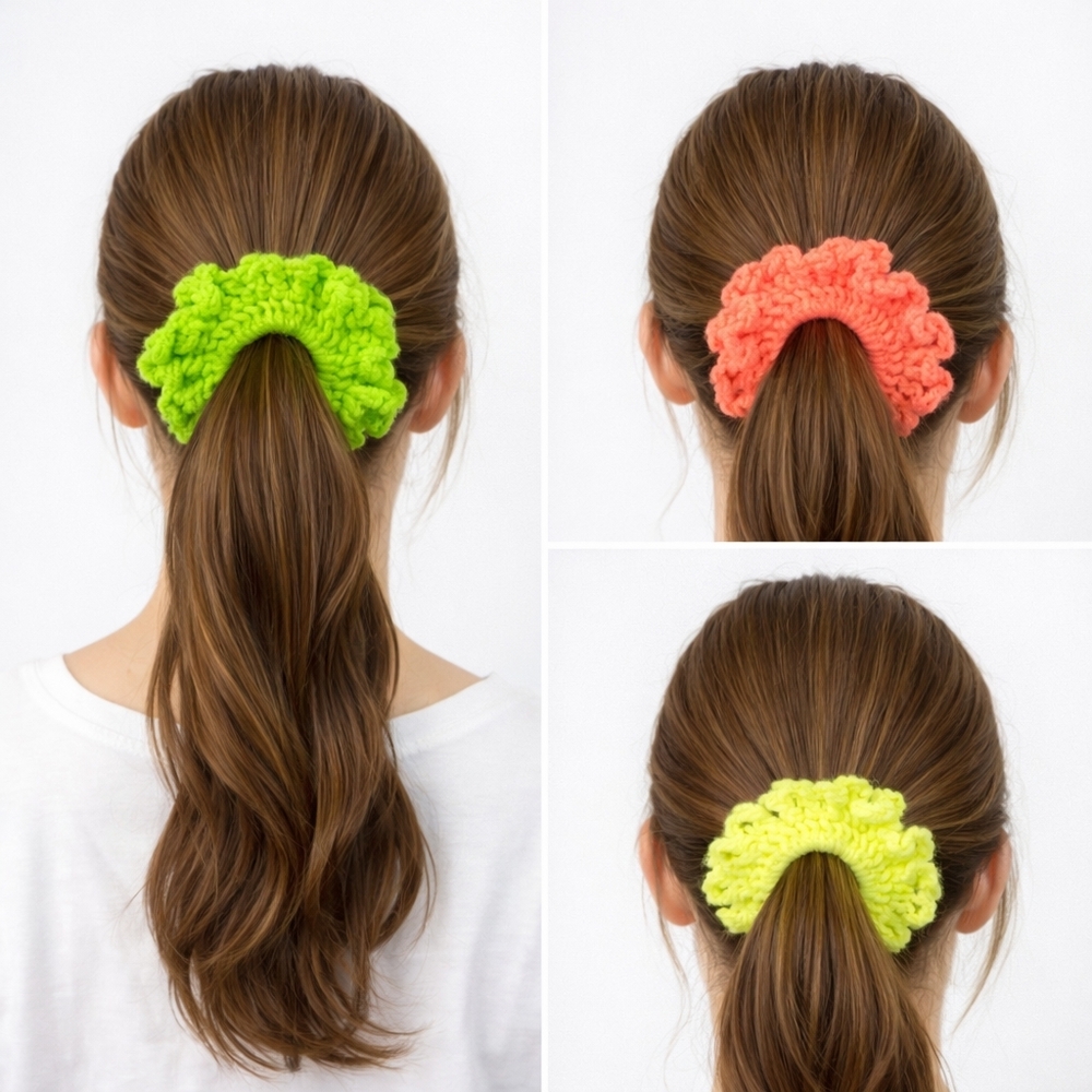 Handmade Textured Crocheted Scrunchies Ponytail Holder Hair Tie Set Of 3 - New
